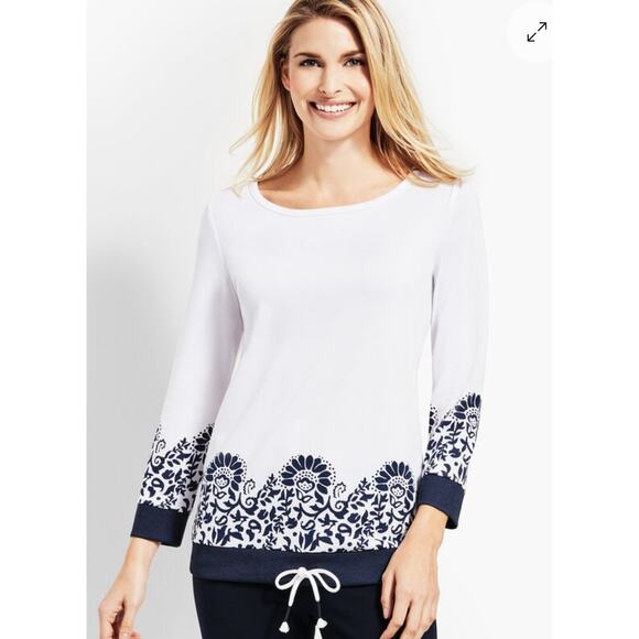 T by Talbots White Navy Floral Paisley Drawstring Hem 3/4 Sleeve Top - Picture 1 of 7